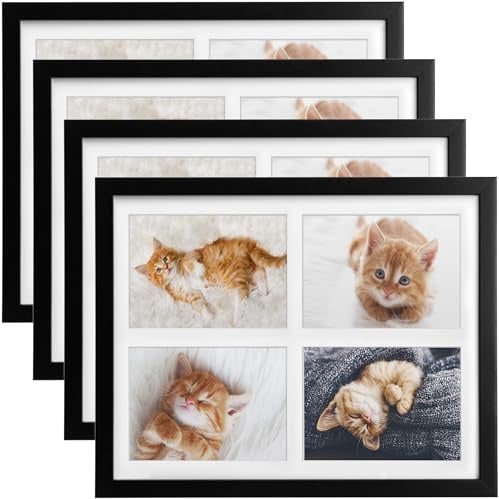 bomoe 4x Bilderrahmen Collage für 4 Fotos 10x15 cm – Fotorahmen Collage aus Holz, Kunststoffglas, Metall-Aufhängung & Passepartout Multirahmen für Bilderrahmen Set – Bilderrahmen 10x15 Schwarz Galeria