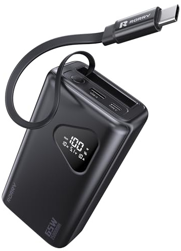 RORRY Power Bank per computer portatile, 25000 mAh 65 W, caricabatterie portatile PD, caricabatterie rapido integrato con cavi retrattili, per iPhone serie 16/15, MacBook, Samsung, Dell, XPS, iPad