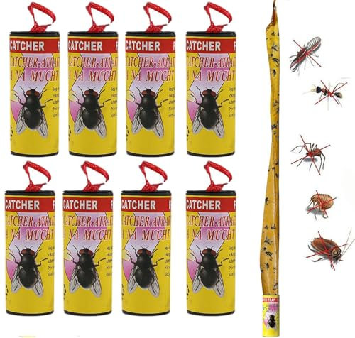 BTORER Lot de 8 rouleaux attrape-mouches - Ruban adhésif contre les insectes tels que les mouches, les moustiques et les mites - Pour l'intérieur et l'extérieur (8)