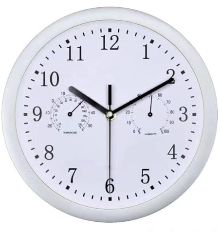 Pomurom Wanduhr mit Thermometer und Feuchtigkeitsmesser, Ø 25cm, Moderne Ohne Tickgeräusche Lautlos Uhr Wasserdicht Wanduhr für Küche Büro Wohnzimmer Badezimmer Schlafzimmer, Einfach zu Lesen
