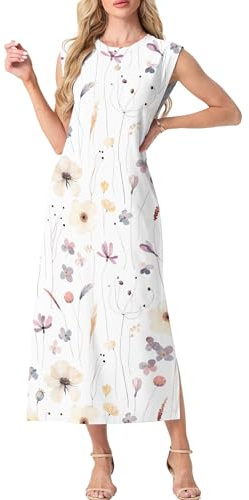 GRECERELLE Robe maxi d'été pour femmes, robes chemises décontractées, styles élégants, robes maxi basiques sans manches pour femmes UK avec fente et poches, XXL