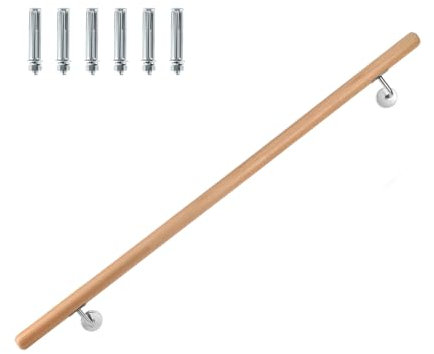 Jiubiaz Handlauf Buche, Treppengeländer Geländer mit Wandhalterung und Endkappen, Rutschfester Holzhandlauf Ø 42mm, Wandhandlauf Treppengeländer für Treppen Balkon, Länge:120 cm