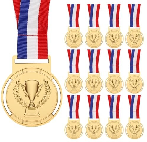 WD&CD 12 Piezas Ganador Medallas de Metal de Oro, con Cintas, para Fiestas Decoraciones y Concurso Premios Deportivos Día del Deporte Escolar