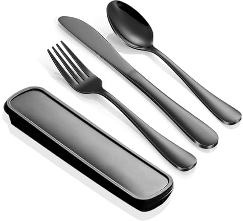 lrgnixs Travel Cutlery Set,Portable Cutlery Set with Case,Stainless Steel Camping Cutlerys Set for 1,Reusable Knives and Forks Sets for Work School,Dishwasher Safe,Black