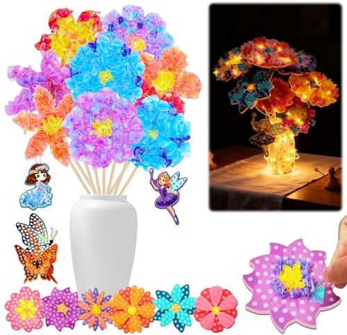 GAROMIA DIY Kunstset Blumen mit Licht Basteln Kinder ab 3 4 5 6 7 8 Kunst Bastelaktivität Bastelkoffer Blumenstrauß mit Pailletten Geschenke Mädchen Spielzeug Stoffkunst-Dekor Geburtstagsgeschenk
