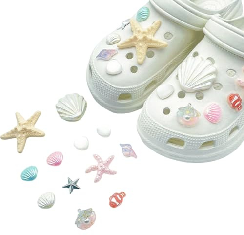Homiladi Summer Shoe Charms 12Pcs Shoe Charms for Clog Sandals | Shell & Starfish Beach Accessories for Pretty Slipper for Girls | Cute Ocean Shoe Decor | Girly Bling Shell Charm for Adults and Kids