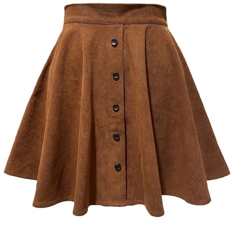Mesduri Damen Kord-Faltenrock A-Linien Minirock Hohe Taille Vintage Skaterrock mit Knopfleiste Reißverschluss Herbst Cordrock