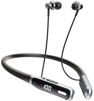 NEOQOQO Wireless Neckband Earbuds, Wearable Around Neck Headphones with Built-in Microphone, Bluetooth Headset Magnetic Earphones, Deep Bass, Ultra-Lightweight, Bluetooth 5.4, 80H Playtime, Black