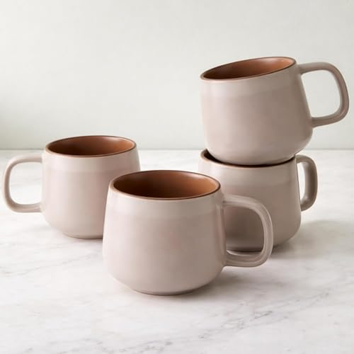 Ava Nord Groß Steinzeug Keramik Kaffeetasse | 4er Set | 470ml | Rosensand | Bleifrei, Ungiftig, Mikrowelle und Spülmaschine, Angenehmer Griff, Ästhetisches Nordisches Design, Ideal für Tee und Latte