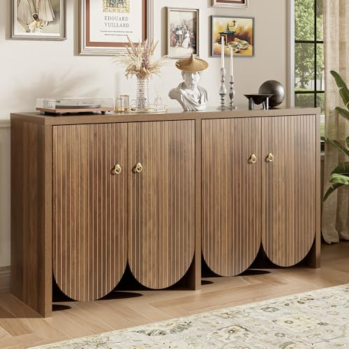 FammyLoft Sideboard Cabinet with 4 Doors, Walnut Effect Storage Cabinet with Adjustable Shelves, Modern Storage Cupboard for Living Room, Dining Room & Hallway, Wood