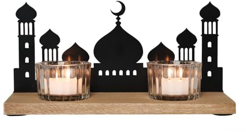 Ramadan Deko Holz & Glas, Moschee Silhouette Teelichthalter mit 2 Teelichtgläsern, Eid Mubarak Tischdeko Windlicht, Islamische Kerzengläser für Ramadan Kareem & Zuckerfest, Deko Kerzenhalter Glas Set