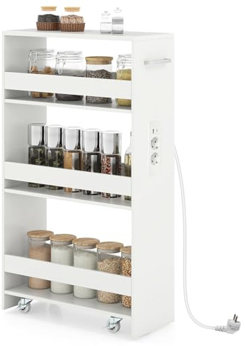 GIANTEX Nischenschrank Küche mit Steckdose, Rollwagen 20 cm breit, Holz | Nischenregal Nischenwagen 20 cm breit, Küchenrollwagen schmal, 4 Universalrollen, Rollregal für Küche und Bad