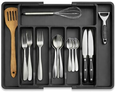 PECZEKO Ausziehbarer Besteckkasten für Schublade 33–57 cm – Verstellbarer Besteckeinsatz & Schubladen Organizer Küche, Besteck Organizer aus Kunststoff, 8 Fächer, Schwarz