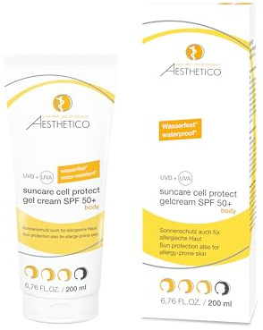 AESTHETICO suncare cell protect gel cream SPF 50+, 200 ml | Leichte Sonnenschutz-Gelcreme für empfindliche Haut und Babys ab 6 Monaten, mit UV-A/UV-B-, IR-A- und Blue-Light-Schutz