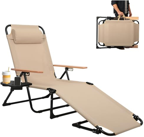 OVLRIJP Chaise Longue Pliable avec Dossier Réglable à 4 Positions, Transat Bain de Soleil avec Accoudoirs en Bois, Bain Soleil pour Balcon Jardin Piscine et Plage, Charge Max 150 kg (Beige)