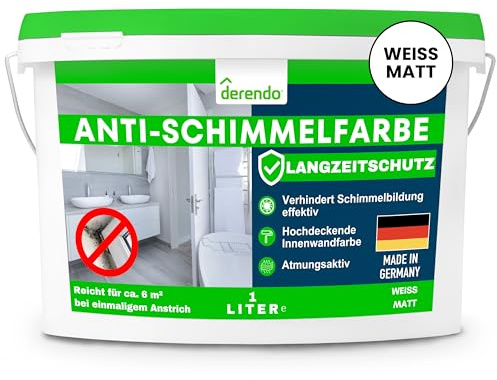 derendo Anti Schimmelfarbe innen Weiß 1L Schimmel entfernen Wandfarbe | Feuchtraumfarbe für Badezimmer, Küche & Schlafzimmer, Innenfarbe hohe Deckkraft & Langzeitschutz