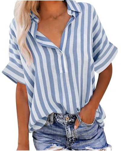 Chemise Femme Blouse Été Pull Col V Classique Crop Top Boutonnée Rayée T-Shirts à Manches Courtes Respirant Vetement Décontracté Haut Femme Tee Shirt Manche Courte 01 Bleu M