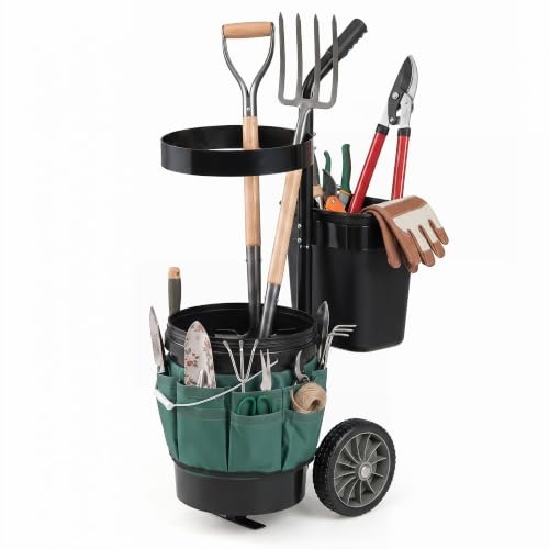 GYMAX Gartenwagen, Garten- & Werkzeugtrolley mit 10 L & 20 L Eimer, Transportwagen mit Gerätehalter & Tasche, 60 kg belastbar, Werkzeugtrolley mit Rollen & Griff für Garten