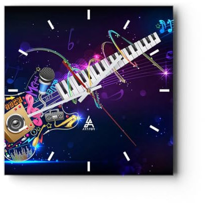 Modern Wanduhr Gitarre Instrument Musik Notiz 30x30cm Quadrat Klein Wand Uhr Glas Analog Zimmeruhren Küche Büro Wohnzimmer Glasuhr Wall Clock Dekoration Design Wanddekoration Küchenuhr C3AC30x30-2724