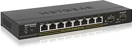 NETGEAR (GS310TP) Smart Switch Ethernet PoE manageable professionnel 10 Ports RJ45 Gigabit (10/100/1000), switch RJ45 8 Ports PoE+ @ 55 W, 2 Ports SFP 1 Gigabit, positionnement bureau/mur, silencieux