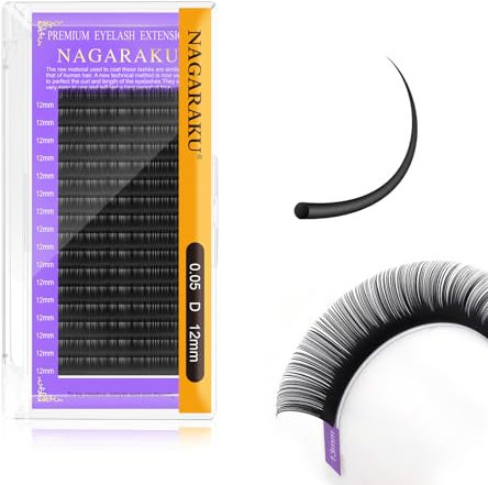 NAGARAKU Extension Eyelash Supplies Classic 1:1 Lashes Individual Volume Lash Extensions Soft Single Eyelashes Natural Semi Permanent Eyelashes Matte Black 16 Rows (0.05mm D Curl 12mm)