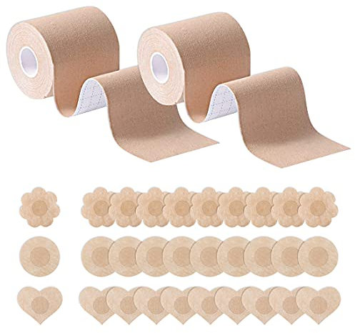 HSAJS 2 Rotolo Nastro Adesivo per Seno con 30pcs di Copri Capezzoli,Nastro per Sollevare Il Seno per Una Coppa A-E Reggiseno Invisibile, Nastro per Il Corpo(5m*5cm)