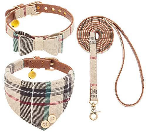 EXPAWLORER Welpenhalsband und Leine-Sets – Klassische Karierte Fliege und Hunde-Bandana-Halsband mit niedlicher Glocke, kein Verheddern der Hundeleine, verstellbares Hundehalsband für kleine,