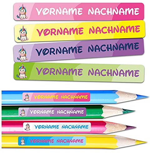 60 x Namensaufkleber Wunschname personalisiert je 4,5x0,6cm Aufkleber mit Kinder Name Beschriftung Schule Kindergarten Stifte Sticker (Nr. 30 Einhorn, Für schmale Oberflächen)