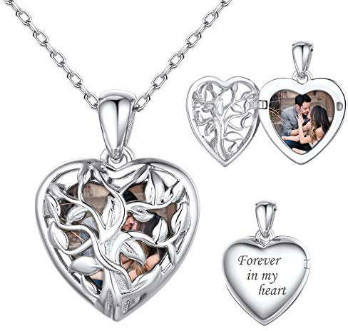 SILVERCUTE Collier Médaillon Femme Argent Photo Personnalisé, Pendentif Coeur à Motif Arbre de Vie