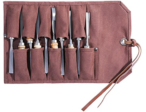 Tool Roll Up Bag with 10 Staggered Tool Pockets, Portable Carry Small Wrench Roll Up Pouch (Brown)