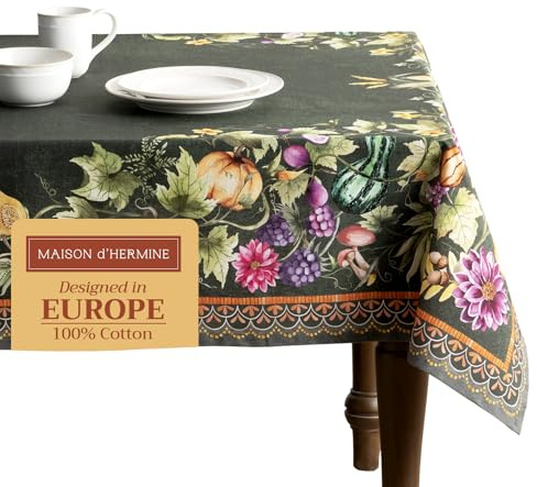 Maison d' Hermine Pumpkin Garden – Dunkelgrüne Tischdecke aus 100 % Baumwolle, Küche, Esstisch, Tischdecke für rechteckige Tische, Hochzeiten, Thanksgiving/Weihnachten (177.8x228.6 cm)