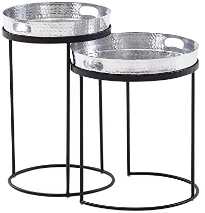 möbelando Beistelltisch 2er Set Silber/Schwarz Metall Hammerschlag Satztisch Rund | Couchtisch abnehmbares Tablett | Tabletttisch Sofa 2 teilig Modern | Runder Sofatisch