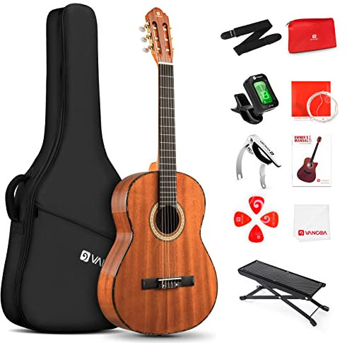 Vangoa Guitarra Clásica Starter Set 4/4, Guitarra Clásica Española, Guitarra Acústica, Material De Sapeli, Con Cuerdas De Nylon, Con Estuche, Pedal, Afinador De Guitarra