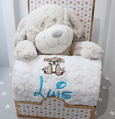 BotoBaby Babydecke mit Namen & Geburtsdatum Bestickt + Plüschtier Personalisiertes Geschenk zur Geburt, Taufe, Ostern, Baby-Shower, Kuscheldecke 75x100 cm, weich & sicher (Beige - Hund)