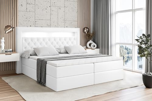 ALTDECOR Boxspringbett mit H4-Matratze Noel Gold - 200x200 - Weiß | Lattenrost, Topper, Boxspringbett mit Bettkasten, Bett mit Stauraum, Doppelbett, Polsterbett