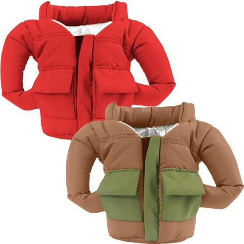 OUYOOLE Beer Can Cooler Jacket, Can Cooler Insulated Vest Jacket Cover, Beer Gifts for Men Women Beer Lovers,Beverage Jacket Drink Coolies (Brown+ Red)