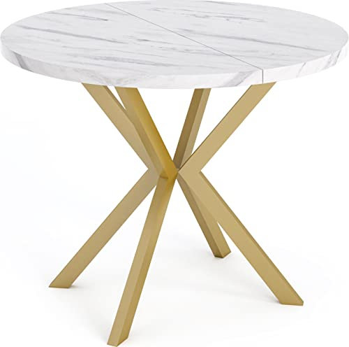 WFL GROUP Table à Manger Extensible Ronde - Table Style Loft avec Doré Pieds en Métal - 100 à 180 Cm - Table Ronde Style Industriel pour Le Salon - Compacte - 100 Cm - Marbre Blanc