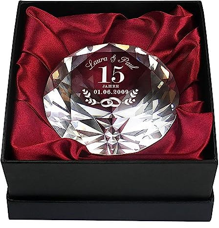 Casa Vivente Diamantförmiger Kristall aus Glas mit Gravur zur Kristallhochzeit, Personalisiert mit 2 Namen und Datum, Geschenk zum 15. Hochzeitstag, Kristall Hochzeit