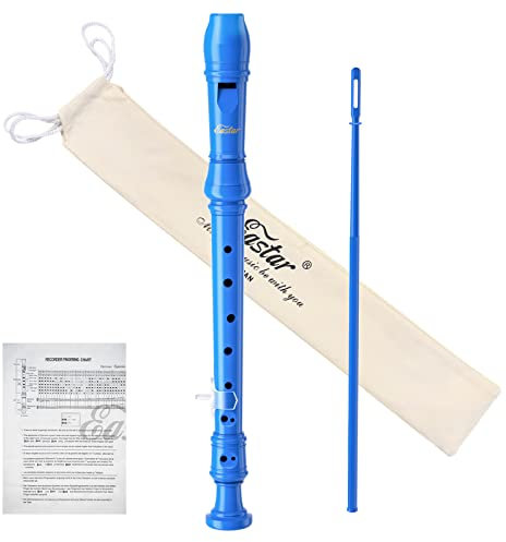 Eastar Flauto a becco soprano per principianti, bambini, flauto a becco tedesco in la, ABS, a 3 pezzi, con set di pulizia, supporto pollice, borsa di cotone, tabella delle dita, blu, ERS-21GB