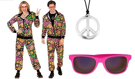 80er Jahre Hippie Trainingsanzug Gr. S-XXL – mit pinker Brille und Peace Kette (M - 170-175cm)