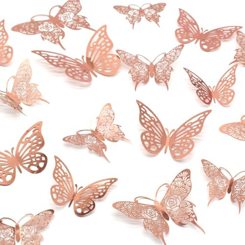 HDKAJL 3D Schmetterlinge Deko, 72 Stück Roségold Schmetterling Wanddeko Wandaufkleber Deko Schmetterlinge Dekoration Schmetterling Wandtattoo für Kinderzimmer Schlafzimmer Wohnzimmer Fasching Deko