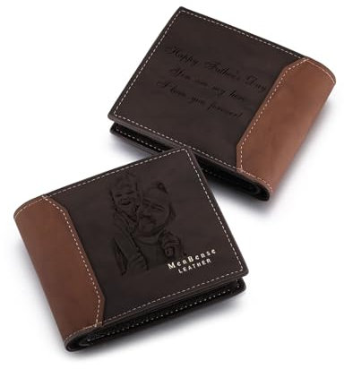 MeMeDIY Personalisierte Bifold Leder Brieftaschen für Männer Individuell Foto/Text Herren Geldbörsen Personalisierte Skizzenbild-Geldbörse Geschenke für Männer Freund Vater (B1-2 Texte, Dunkelbraun)