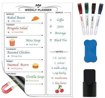 DumanAsen Meal Planner, Weekly Planner, Magnetic Dry Erase Planner for Fridge, 16 x 12, Includes 8 Dry Erase Colorful Markers (White)