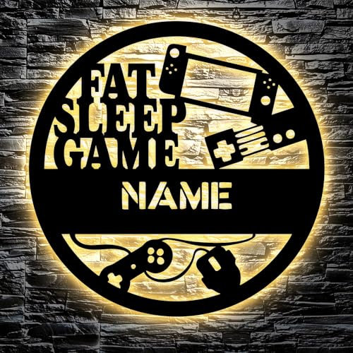 FAT SLEEP GAME Led Gaming Schild - Gamer Geschenkidee personalisiert Mit Name Zimmer Beleuchtung Wand Lampe - Zimmer Deko - Besondere Geschenke für Videospiel Fans - Jungs Männer Freund