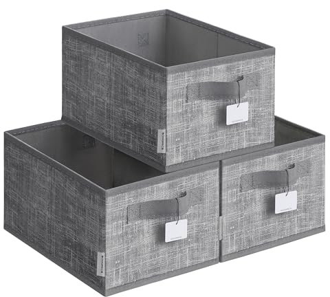SONGMICS Collapsible Storage Boxes, Set of 3 Fabric Storage Baskets, 30 x 20 x 15 cm, Wardrobe Storage Organisers, 2 Handles, Label Holders, for Bedroom, Living Room, Cattail Grey ROB415G01