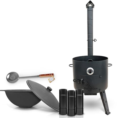 Gusseisen Kazan 16 L Kasan Казан mit Feuerofen Utschak Ø 44 cm flacher Boden Thermometer Verlängerungsrohr Schaumlöffel für Plov 48 cm Учак Учаг Uchag Asia (Set 2)