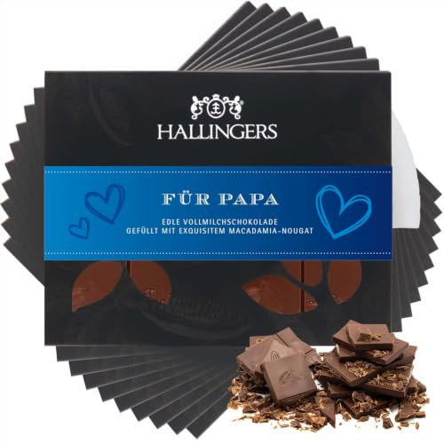 Hallingers Genuss Manufaktur Schokolade Vatertagsgeschenk - Tafel Edelkakao handgeschöpft ohne Alkohol edler Karton 10x Für Papa Macadamia-Nougat, Geschenkidee für Papa Opa