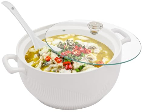 RABEEXP Ceramic Soup Tureen with Glass Lid 3L 0.8 Gal Porcelain Serving Tureen Soup for Restaurant Home Kitchen - White Porcelain - Ceramic Covered Tureens for Soup (3L, 0.8 Gallon)
