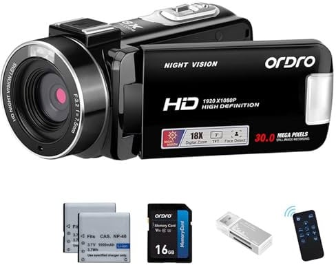 ORDRO Videocamera Full HD 1080P 30 MP, zoom digitale 18x, visione notturna a infrarossi su YouTube da 3,0 pollici, schermo girevole a 270° con scheda da 16 GB e 2 batterie Vlogging Camera (nero)