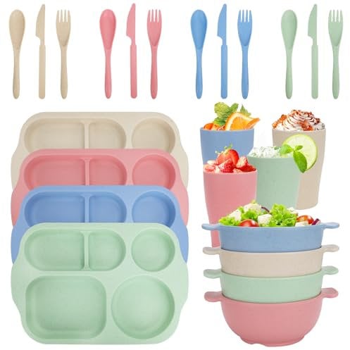 Unzerbrechliches Geschirr Set für 4 Personen, 24 Stück Kunststoff Geteilte Teller Sets, Schüsseln Set, Besteck Set, Wiederverwendbares Geschirr-Set für Erwachsene Kinder Schule, Büro, Zuhause, Party